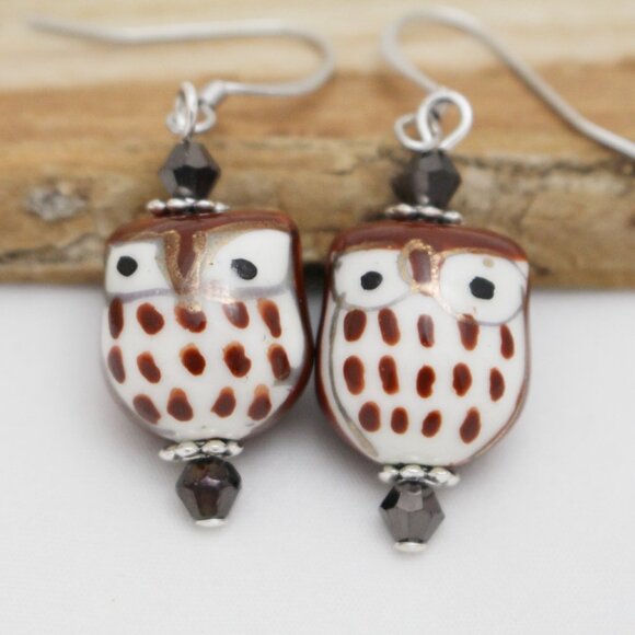 Brown Hand-painted Porcelain Owl Beaded Earrings - Hypoallergenic - Picture 1 of 8